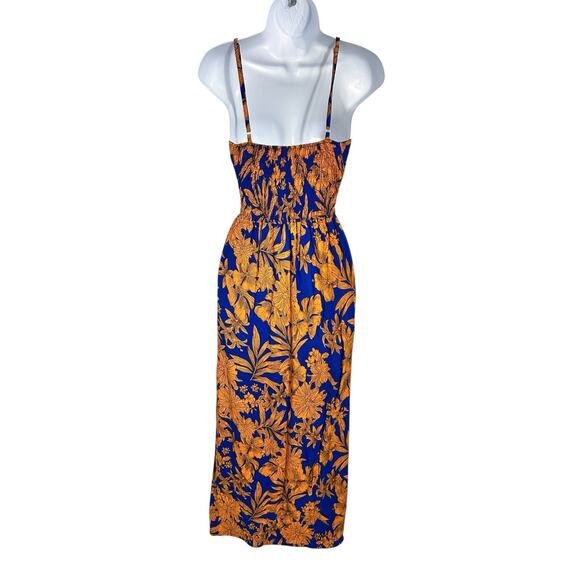 Tropical Maxi Dress Sz Small V-Neck Blue Orange Sleeveless Smocked Long Sundress - Picture 5 of 6
